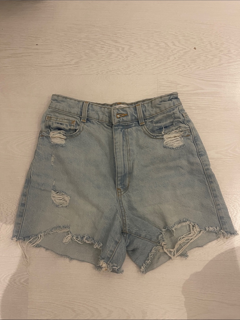 Zara Light Blue Distressed High-Rise Jean Shorts